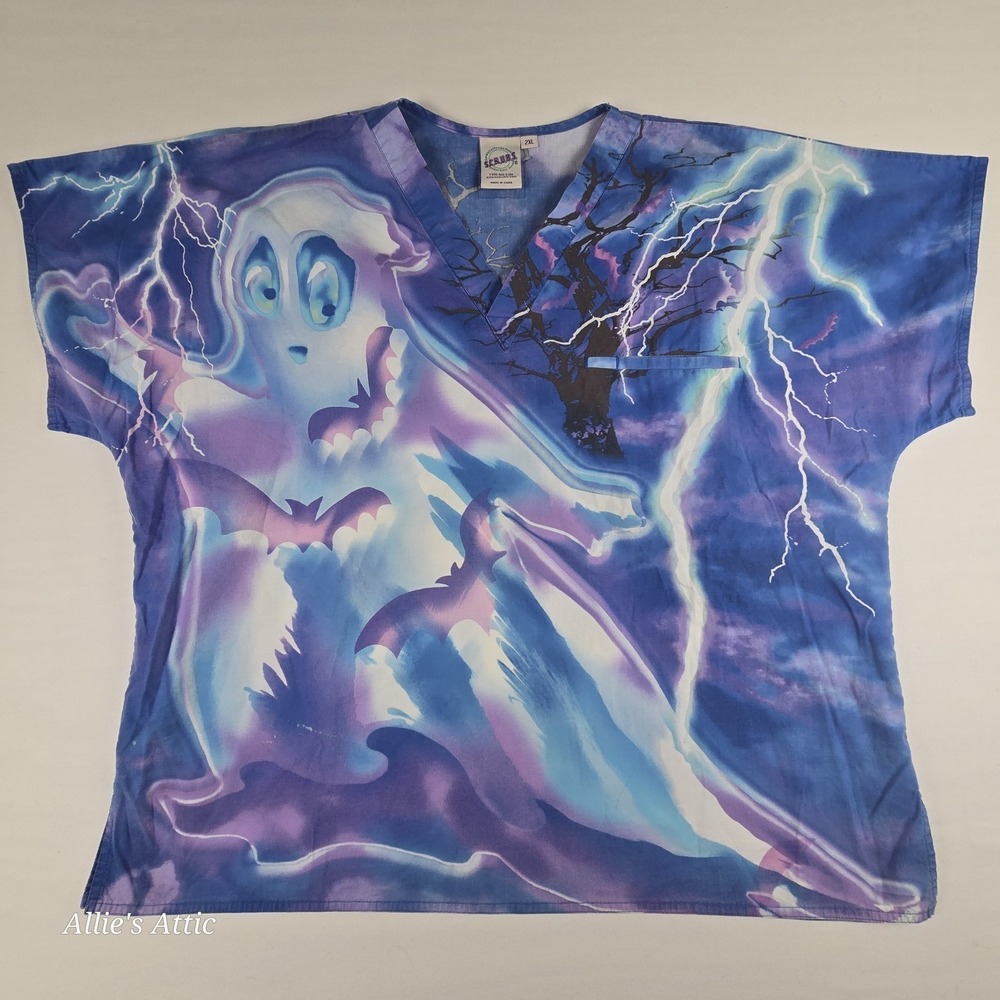 S.C.R.U.B.S. Scrub Top Halloween Ghost Bats Blue Purple Womens‎ V Neck XXL 2XL